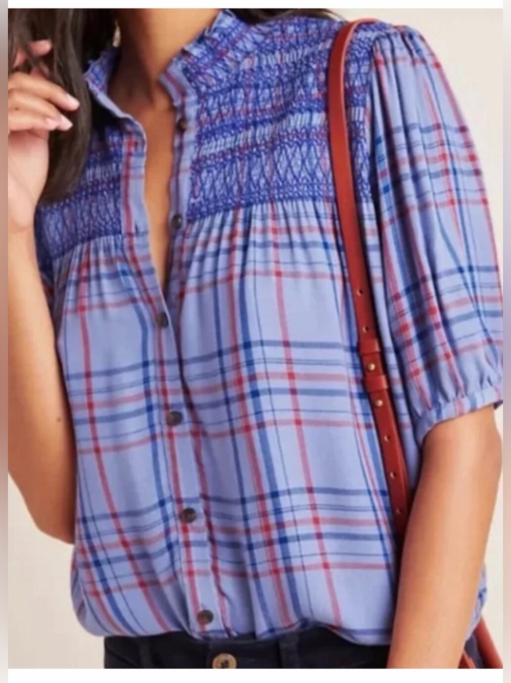 Anthropologie Lavender Blue Plaid Smocked Button-Down Top